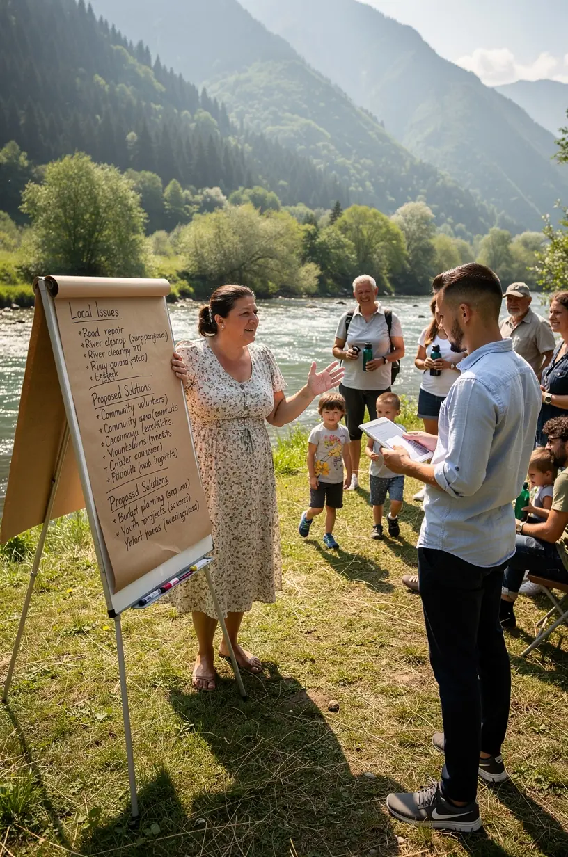 Fotografie cu un grup de experți locali discutând strategii pentru rezolvarea provocărilor comunitare.